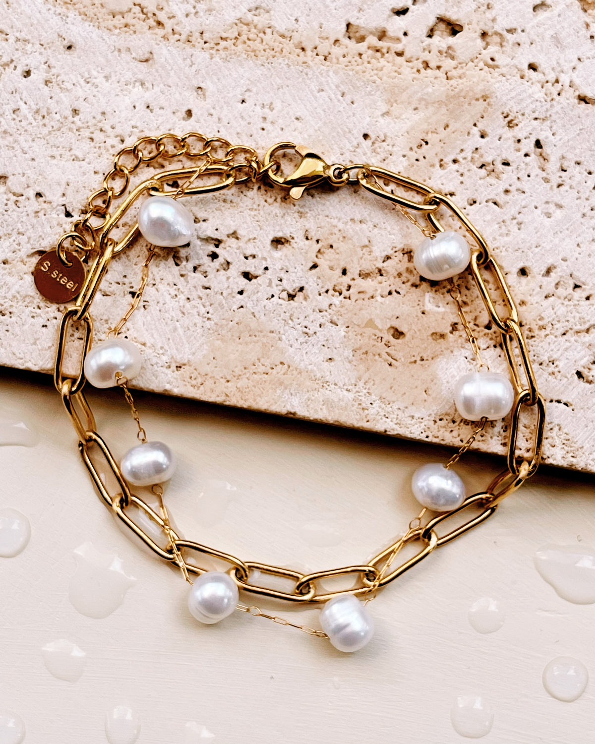 Elizabeth Double Layer Paperclip Chain Baroque Freshwater Pearl Link Chain Gold Bracelet