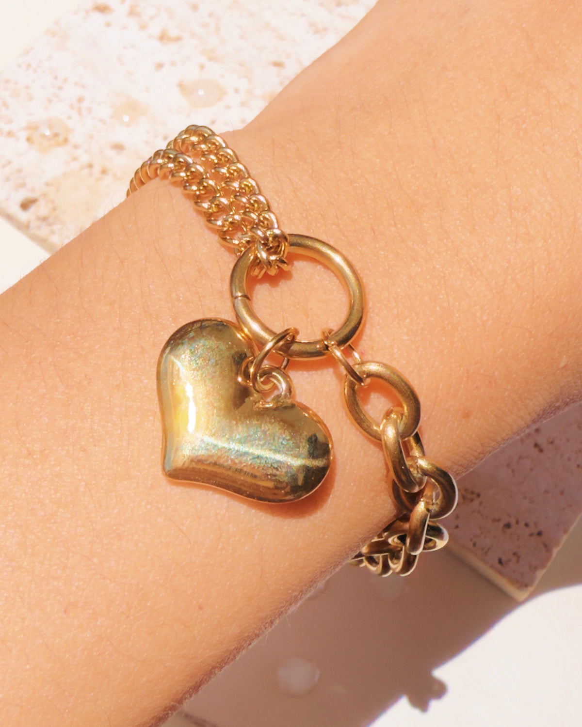 Bree Dual Design Half Hoop Chain Half Double Layer Curb Chain Solid Heart Pendant Gold Bracelet