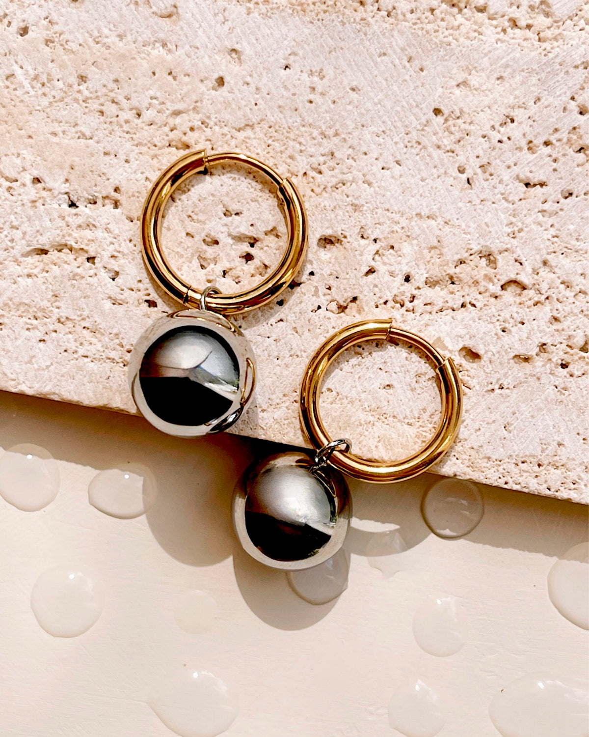 Juliana (Two Tone) Classic Gold Huggies Silver Ball Pendant Drop Earrings