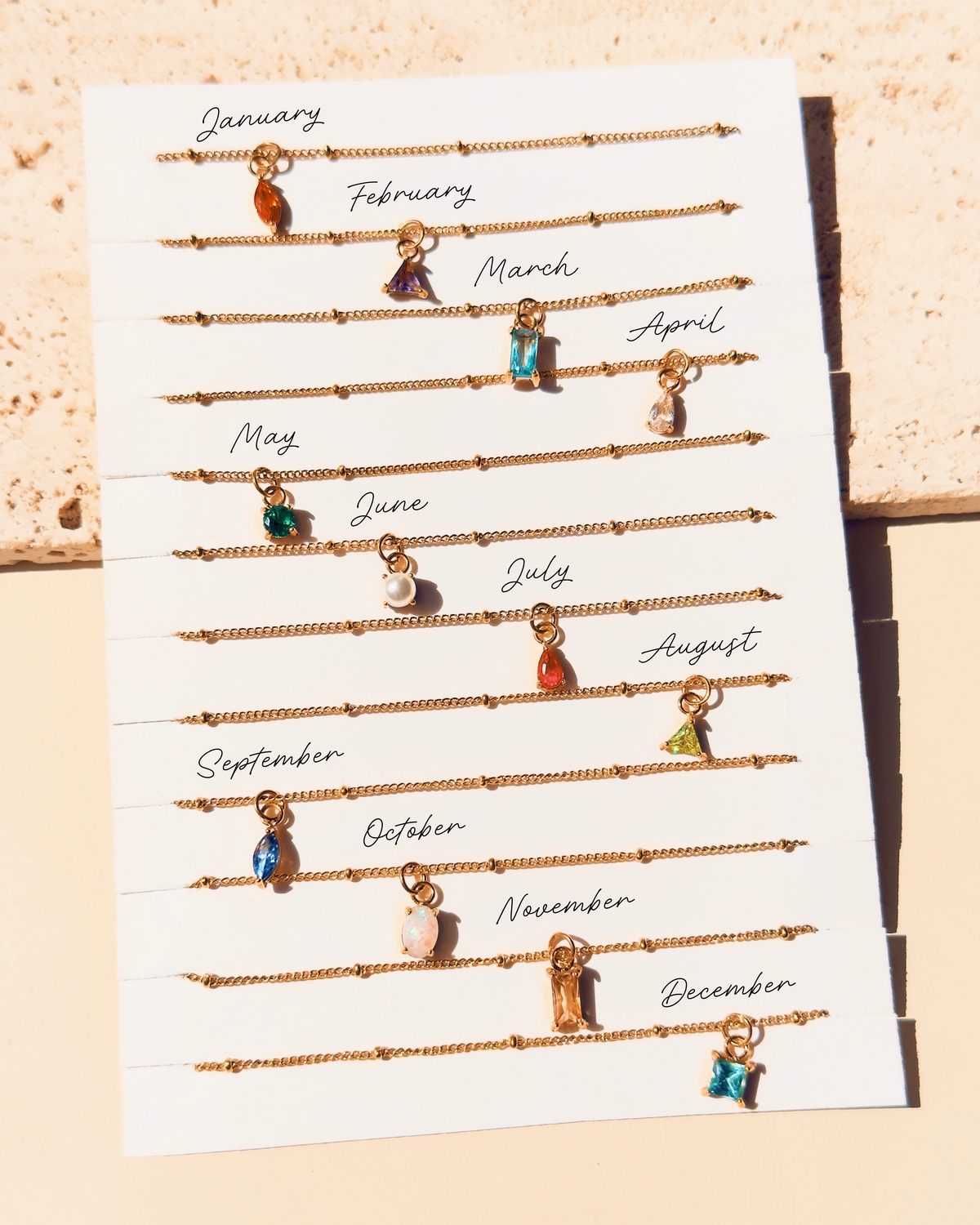 Olivia Birthstone Birth Month Color Zircon Pendant Ball Beaded Thin Curb Chain Gold Necklace