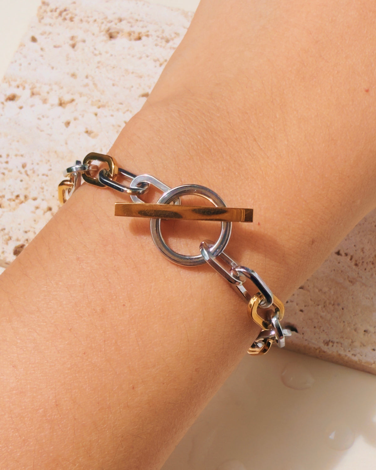 Marina (Two Tone) Alternate Silver Gold Flat Rounded Thick Oval Link Chain O/T Lock Design Bracelet