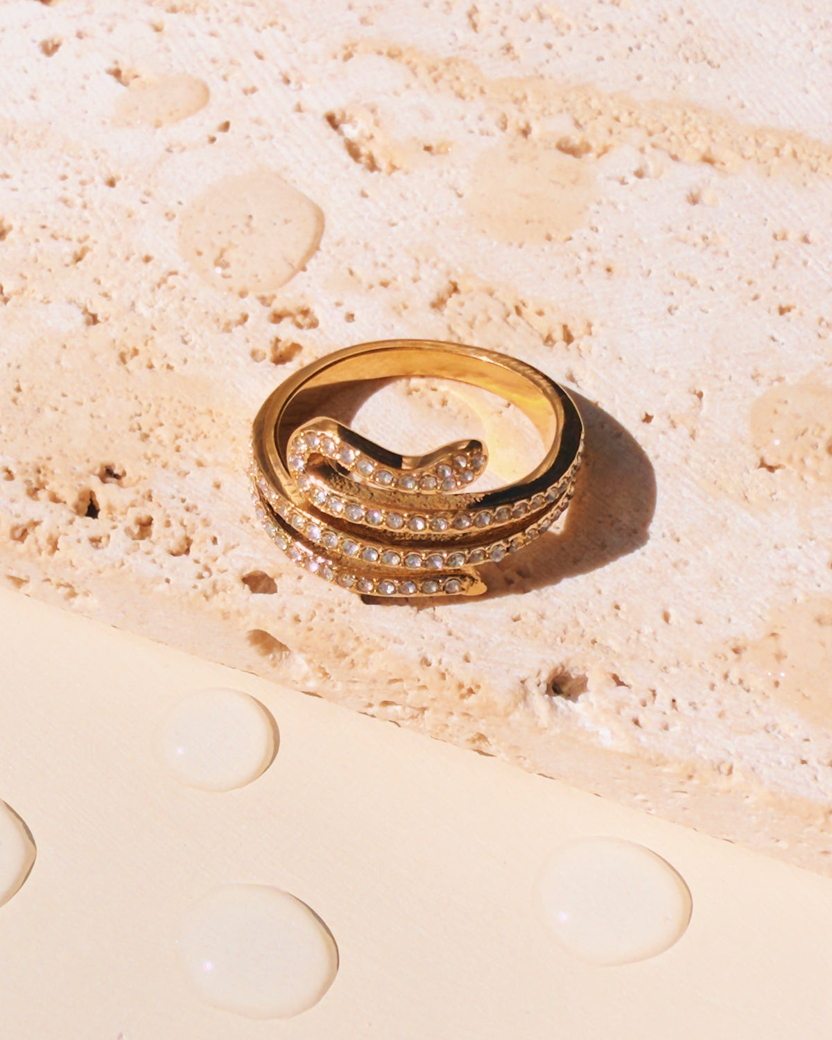 Paz Zircon Paved Snake Head Tail Triple Layer Coiled Design Open Gold Ring