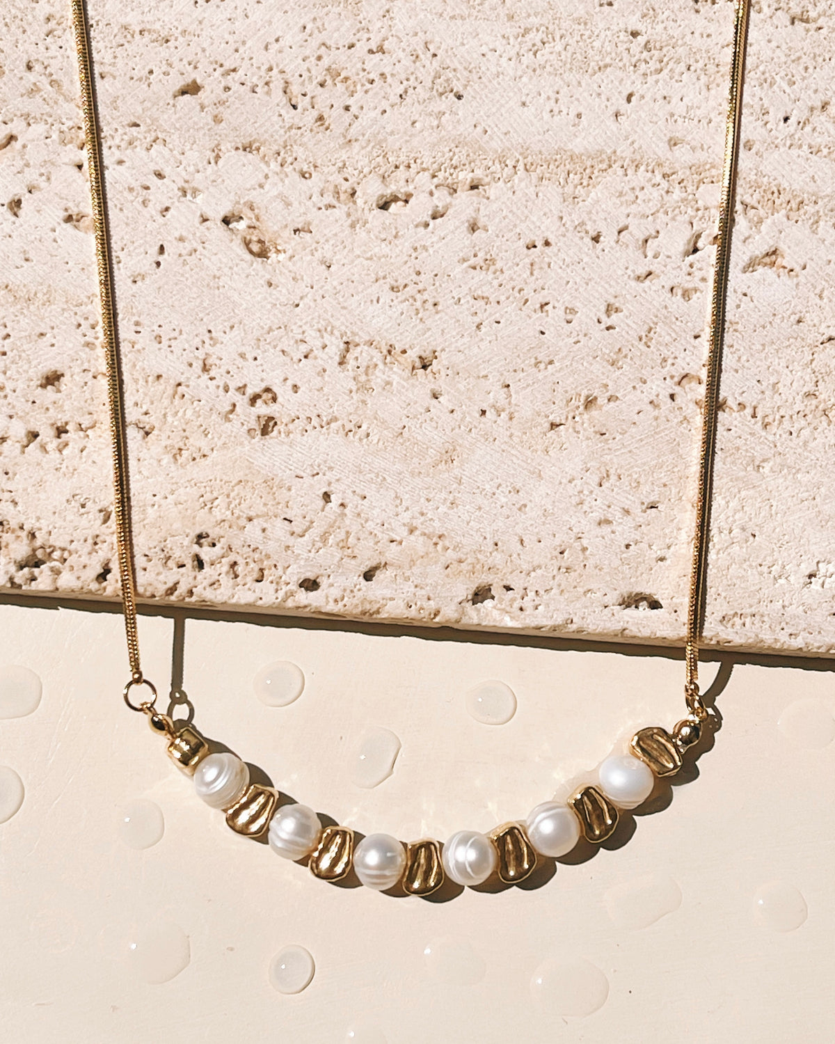 Clementine Center Pearl and Geometric Beaded Pendant Thin Snake Chain Gold Necklace
