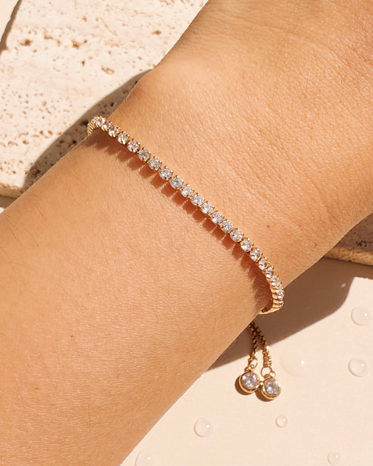 Gabbie Zircon Rectangular Tennis Chain Bezel Set Pull Adjustable Lock Design Gold Bracelet