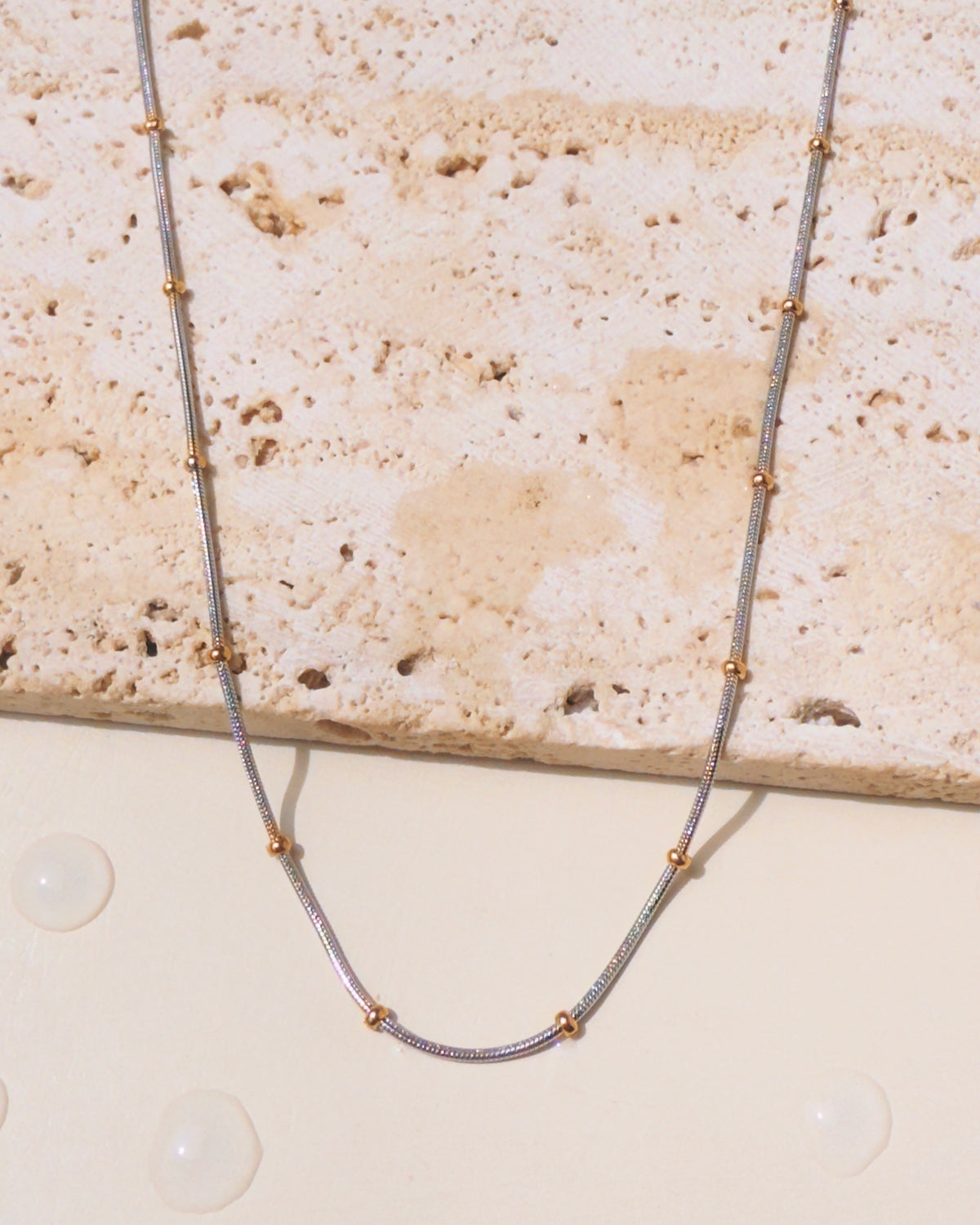 Martha (Two Tone) Thin Silver Snake Chain Tiny Golden Ball Beads (Chain Only) Necklace