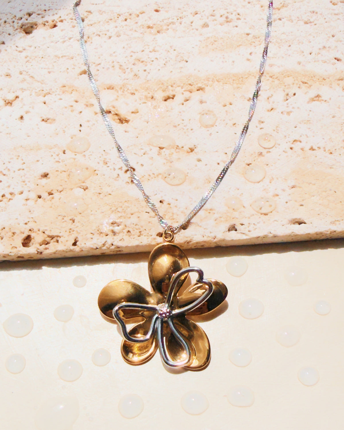 Qyra Two Tone Gold Flat Flower Shaped Pendant Silver Twisted Small Cuban Chain Necklace