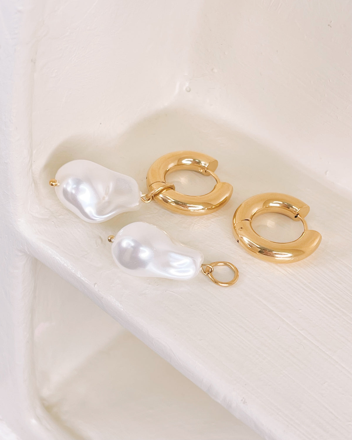 Tracey Irregular Imitation Pearl Dangle Gold Huggies