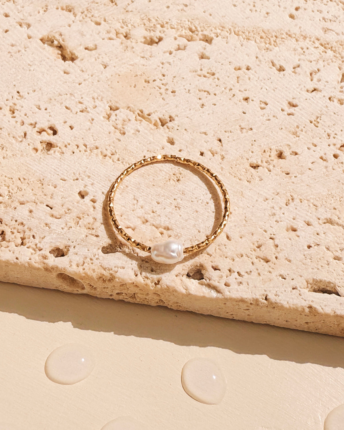 Hera Dainty Pearl Centerstone Thin Textured Design Gold Minimalist Ring