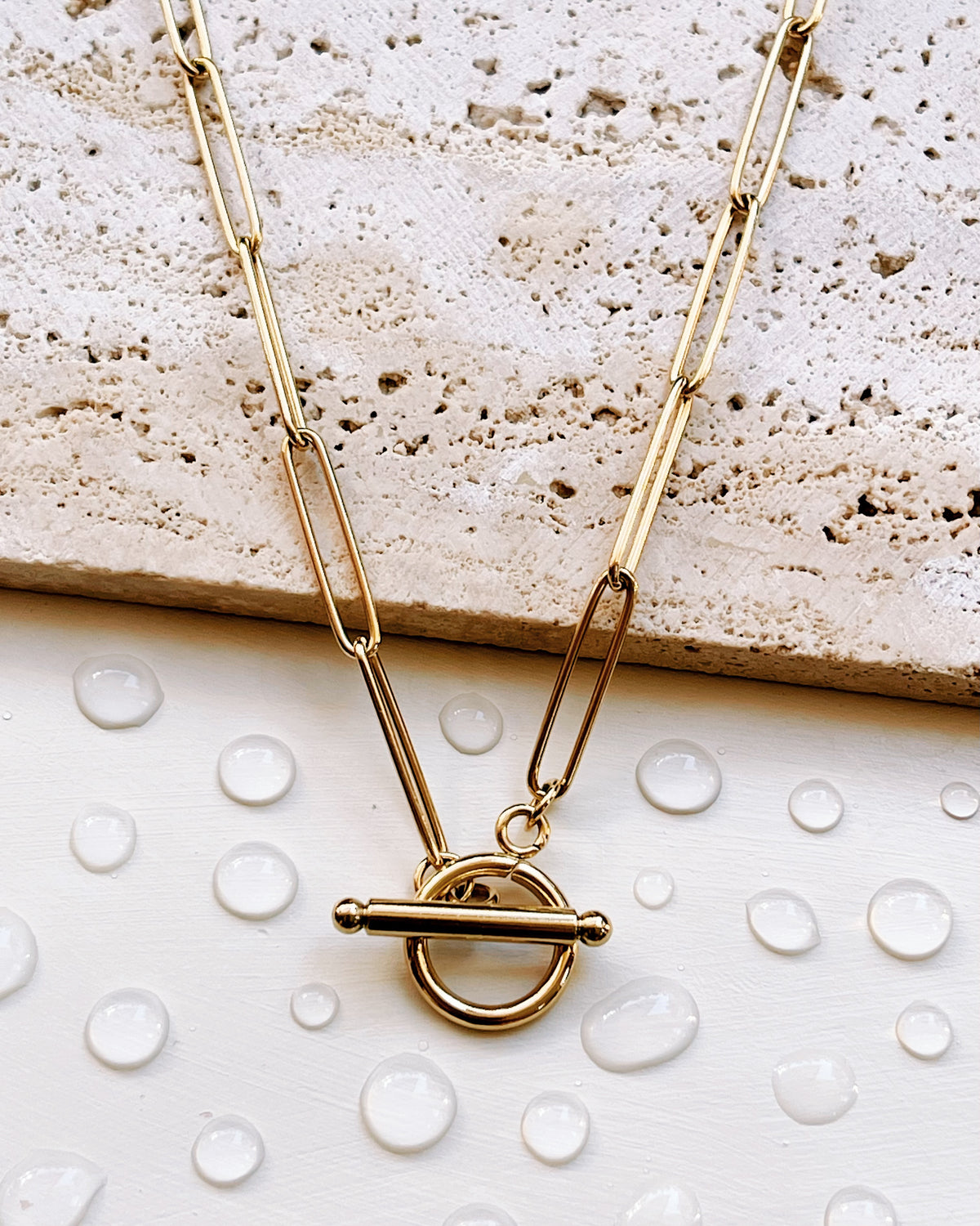 Farah T-Bar Lock Pendant Classic Paperclip Link Chain Gold Necklace