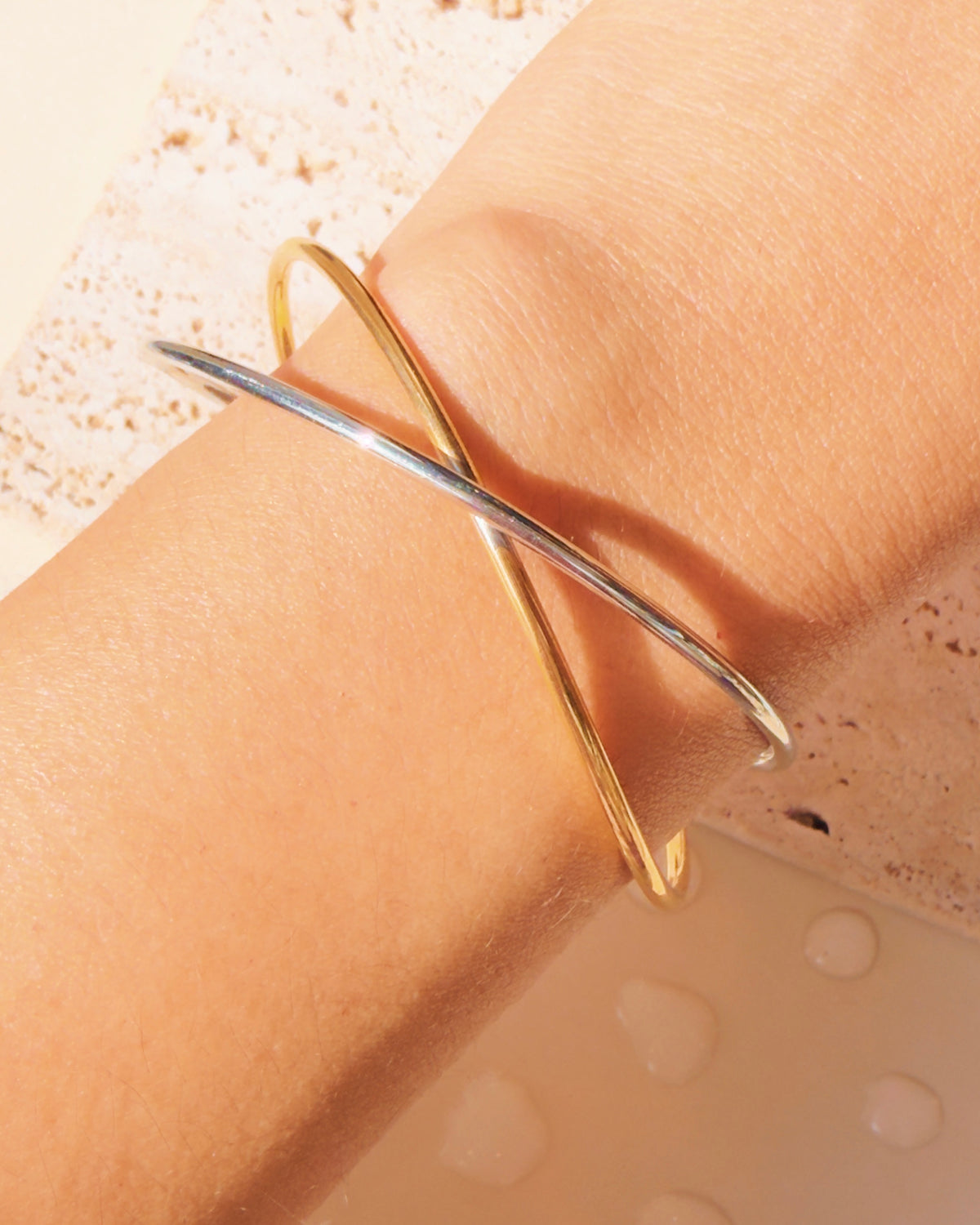 Pammy Two Tone Dual Ball Tip Thin Intertwined Silver Gold Design Bangle