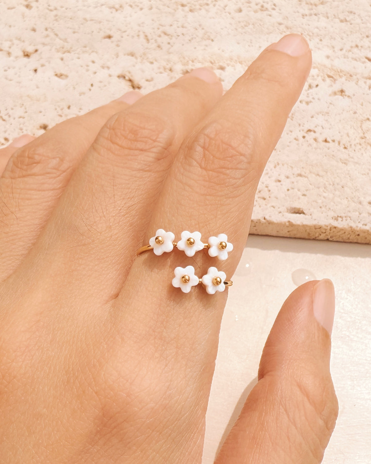 Hilda Dual Top Head Tiny Multiple Shell Stone Flower Shaped Designs Layered Look Open Ring