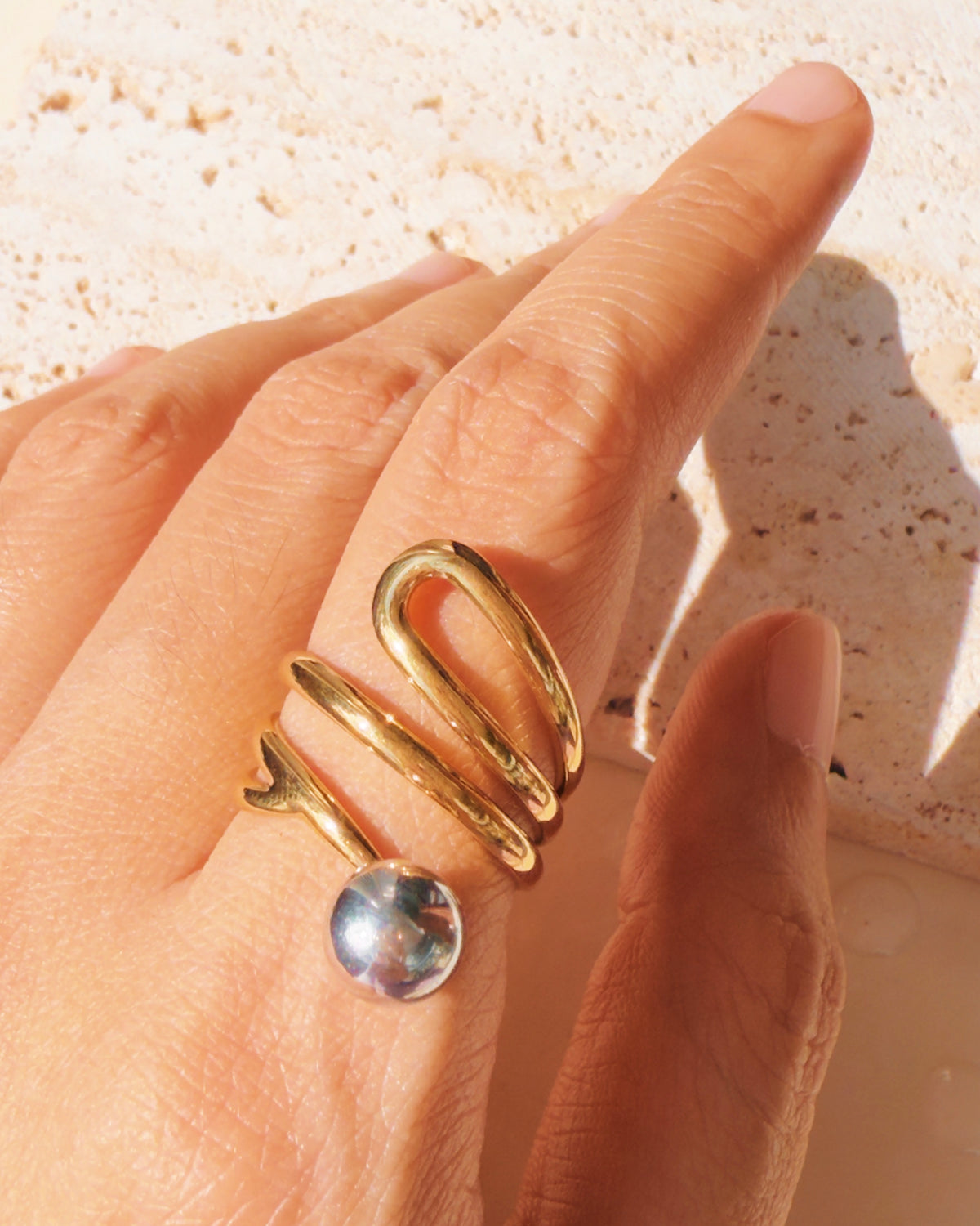 Remy Two Tone Multi Layer Coil Design Silver Ball Top Head Gold Open Ring
