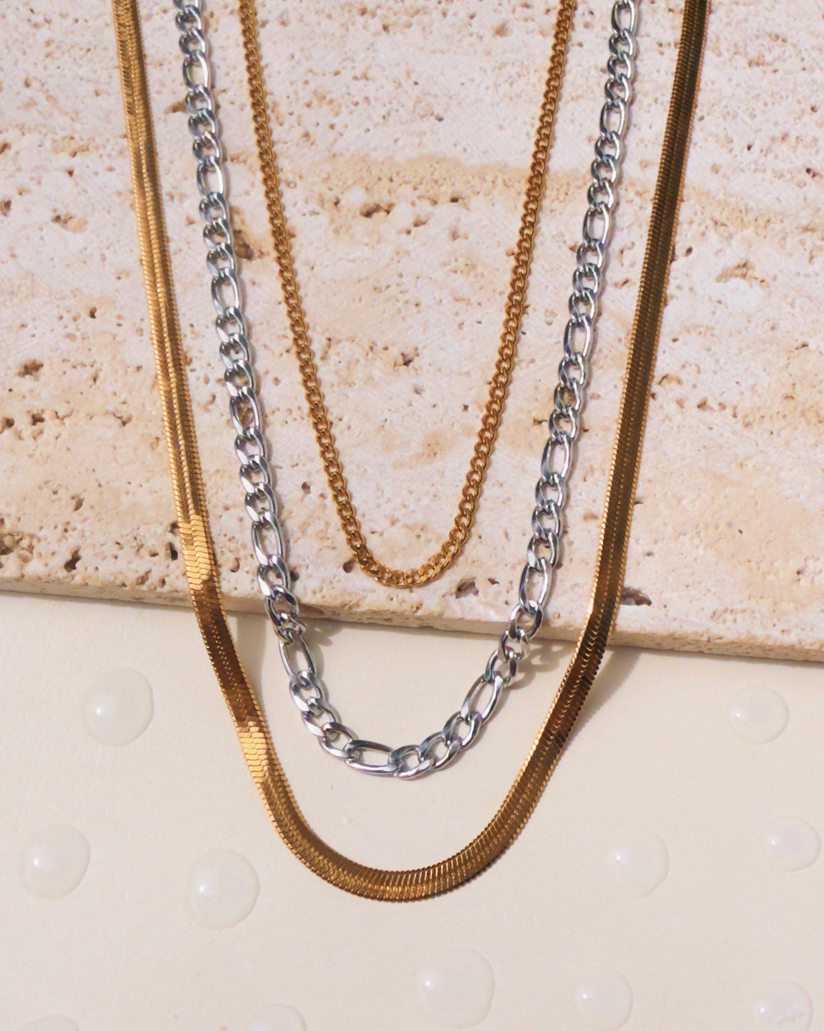 Mavis (Two Tone) Triple Layer Thin Curb Gold Chain Figaro Silver Chain Flat Wide Snake Gold Chain (Chain Only) Necklace