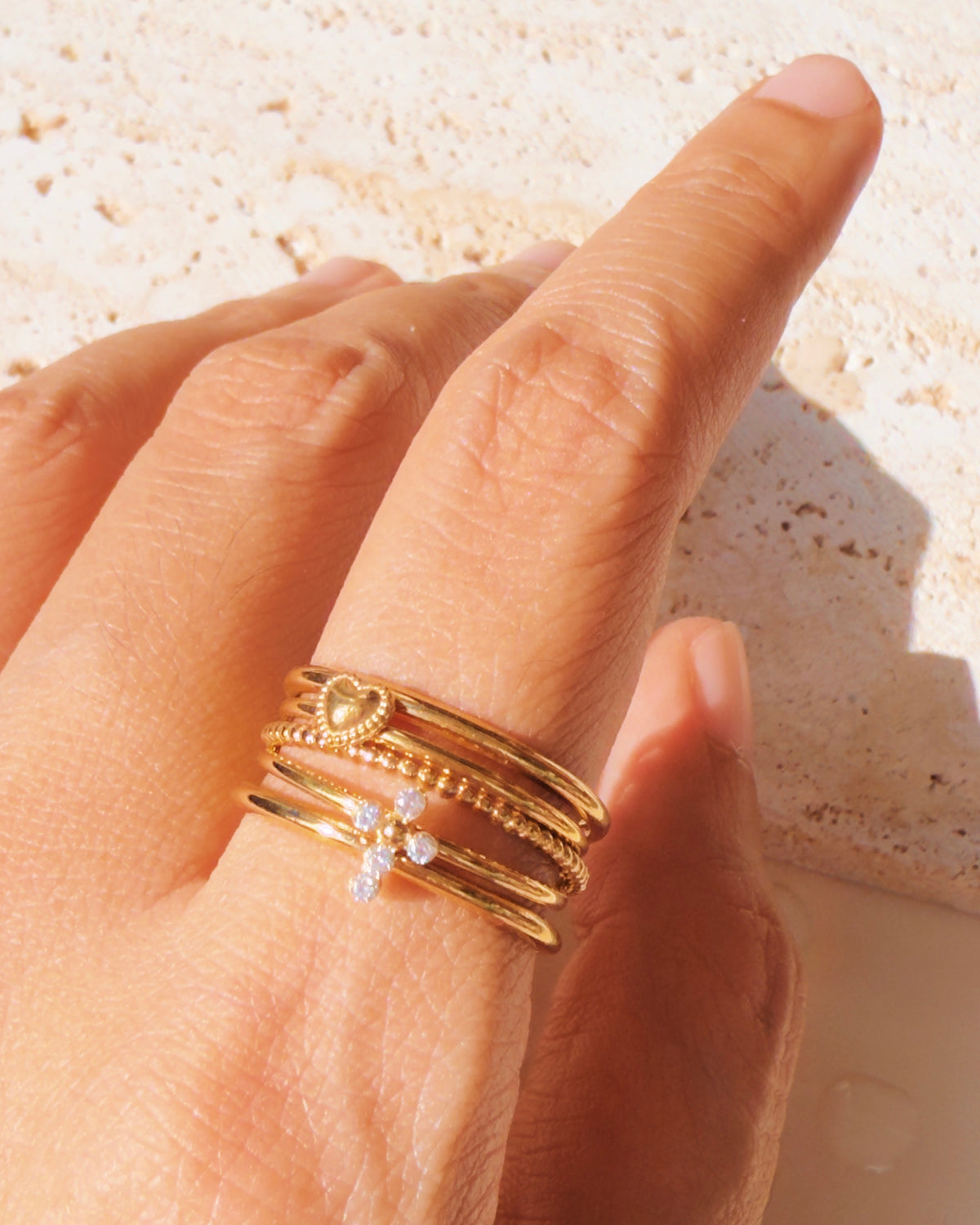 Paula (Bundle Set) Triple Layer Hollow Triple Band Twisted Center Design Dainty Heart Shaped Top Head Design Cross Shaped Top Head Design Stackable Ring