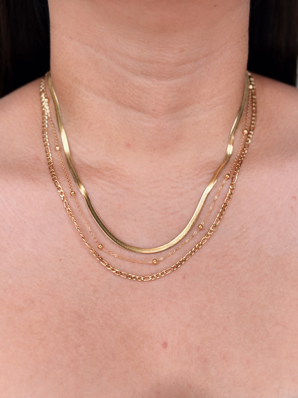 Kira Triple Layer Wide Flat Snake Chain Ball Beaded Classic Figaro Design (Chain Only) Gold Necklace