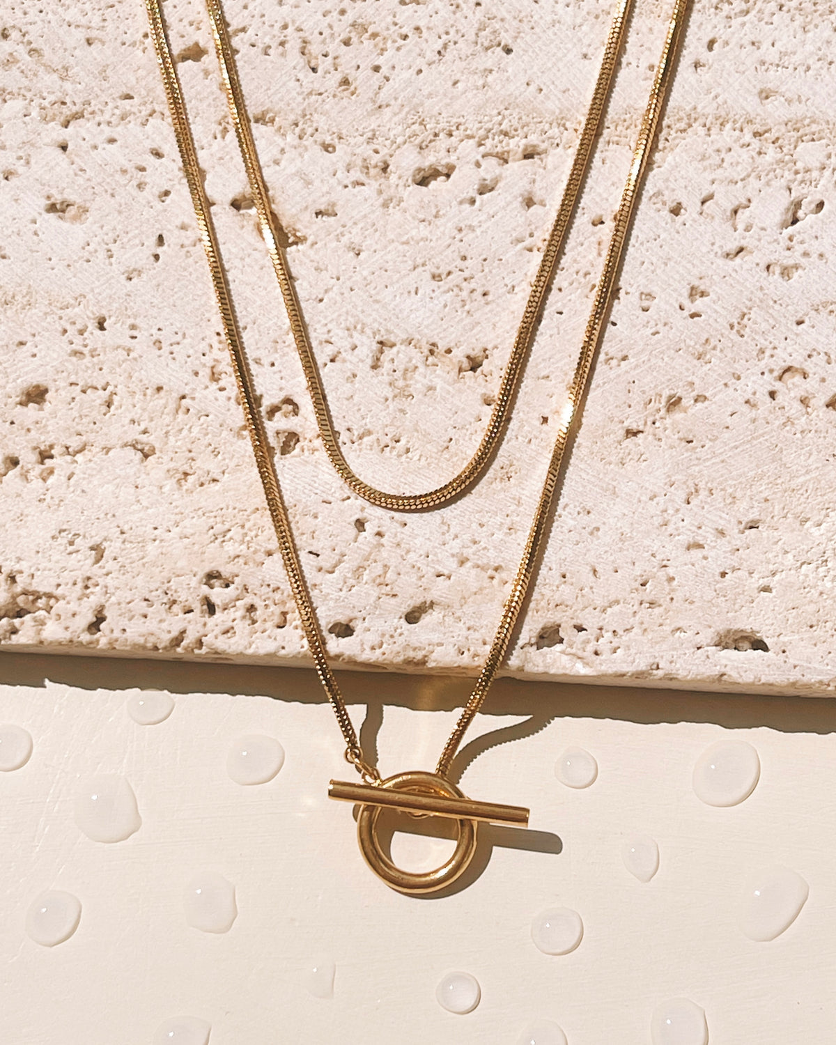 Corinne O/T Lock Pendant Double Layer Overlay Snake Chain Gold Necklace