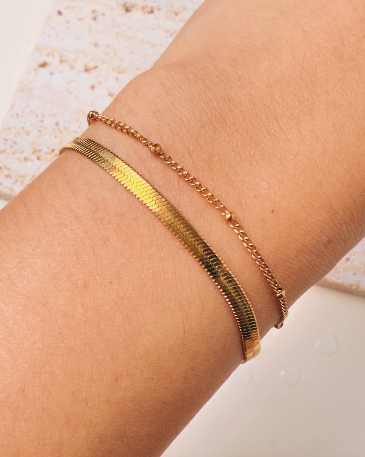 Montana Double Layer Flat Wide Snake Chain Thin Ball Beaded Curb Chain Design Gold Bracelet / Anklet