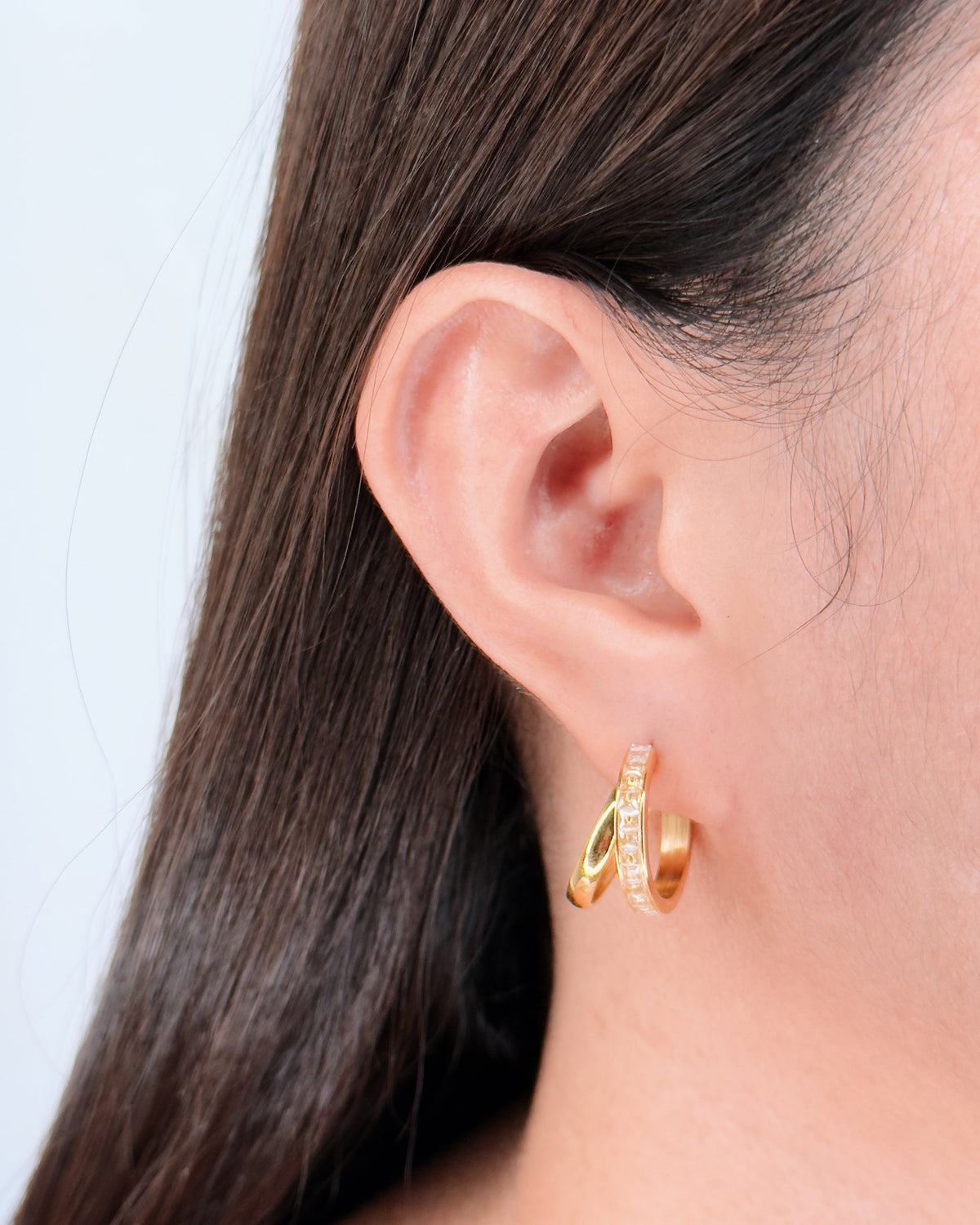 Leighton Double Layer C-Shaped Half Side Paved Rectangular Zircon Inlaid Set Layered Look Gold Hoops