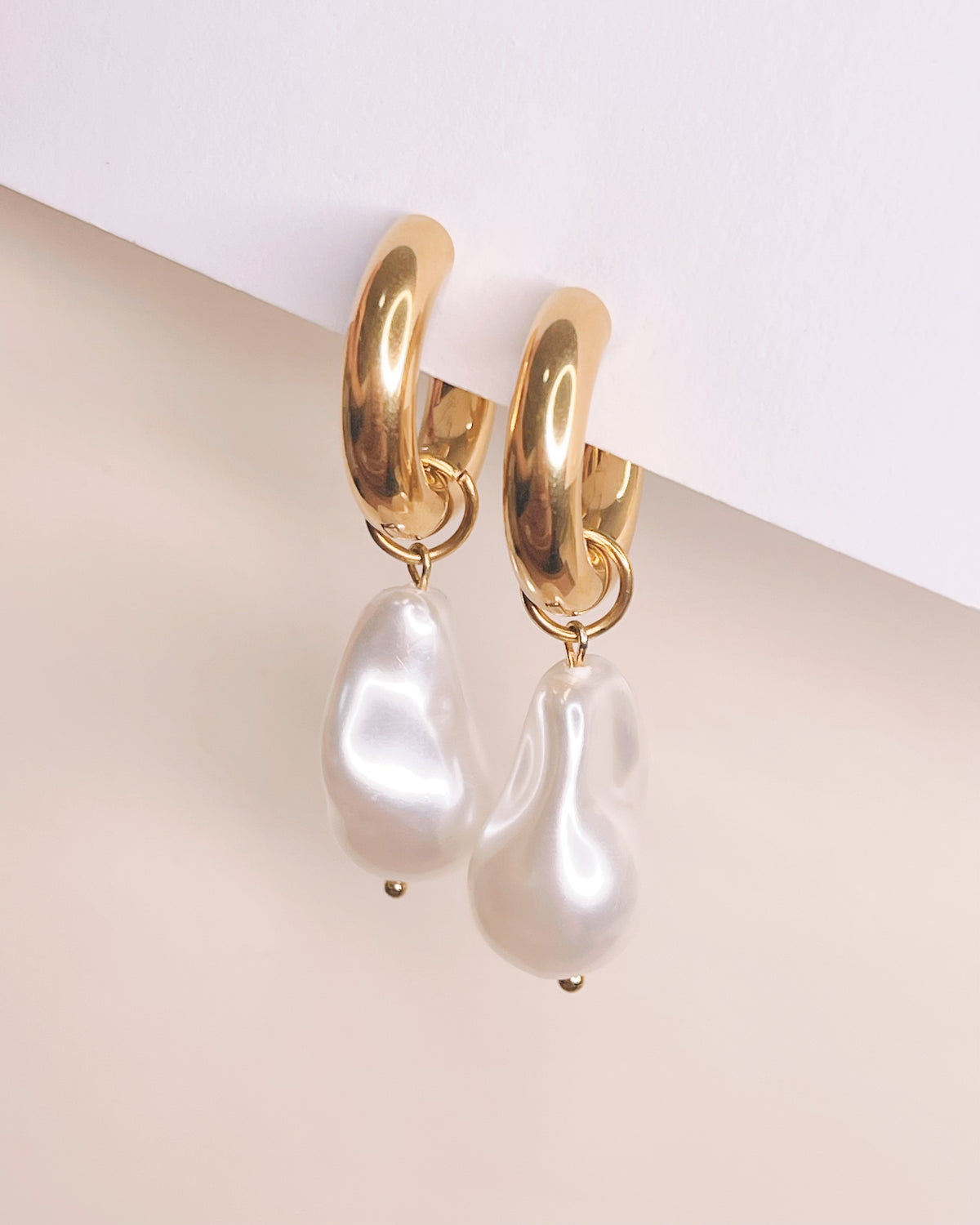 Tracey Irregular Imitation Pearl Dangle Gold Huggies