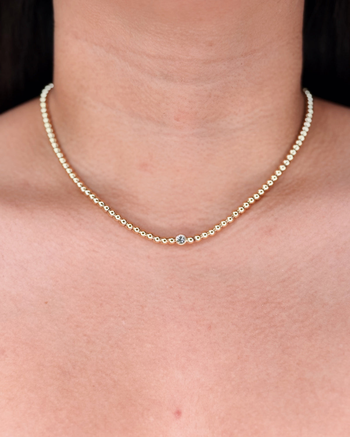 Gwendolyn Ball Beads Chain Zircon Inlaid Round Ball Bead Centerpiece Gold Choker Necklace