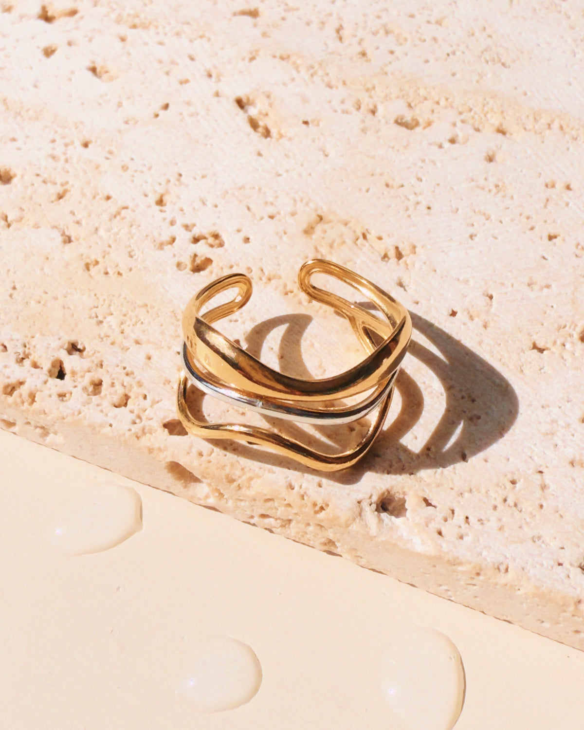 Gretchen (Two Tone) Silver Gold Triple Layer Water Ripple Design Wide Open Gold Ring