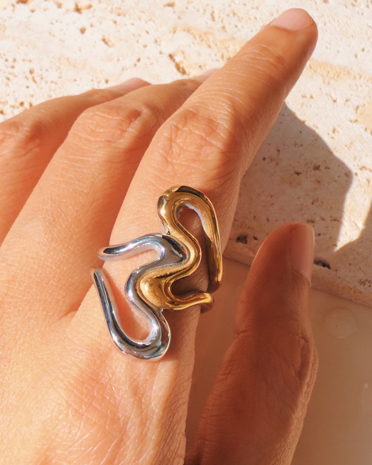 Reese Two Tone Dual Melted Sliver Gold Heart Shaped Design Ring