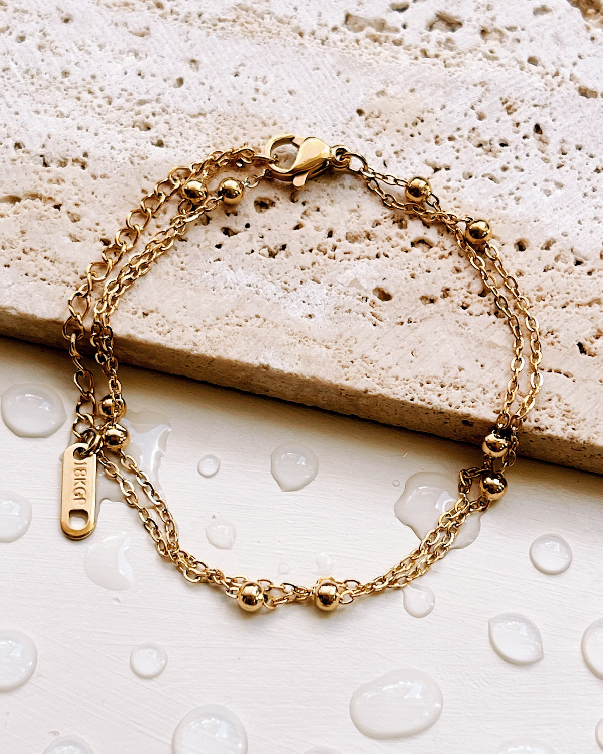 Erica Double Layer Ball Beaded Thin Curb Chain Gold Bracelet