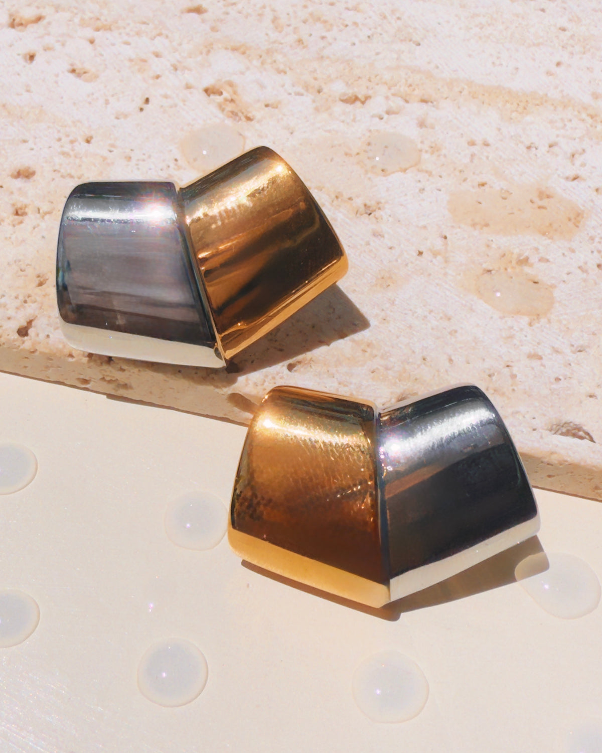 Mariah (Two Tone) Chunky Stacked Silver Gold Trapezoidal Shaped Stud Earrings