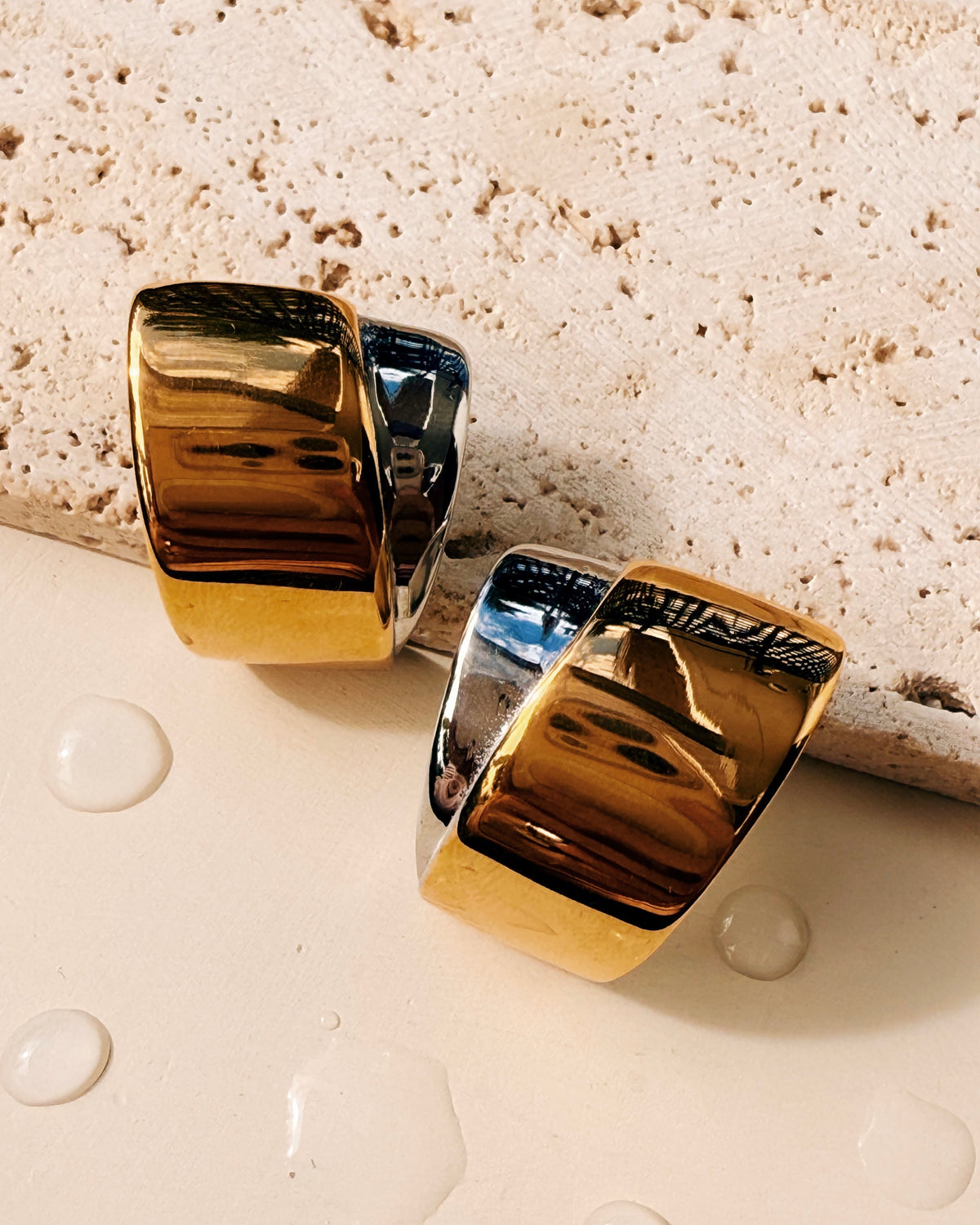 Mitch (Two Tone) Layered Design Silver Gold Wide Trapezoidal Shaped Stud Earrings