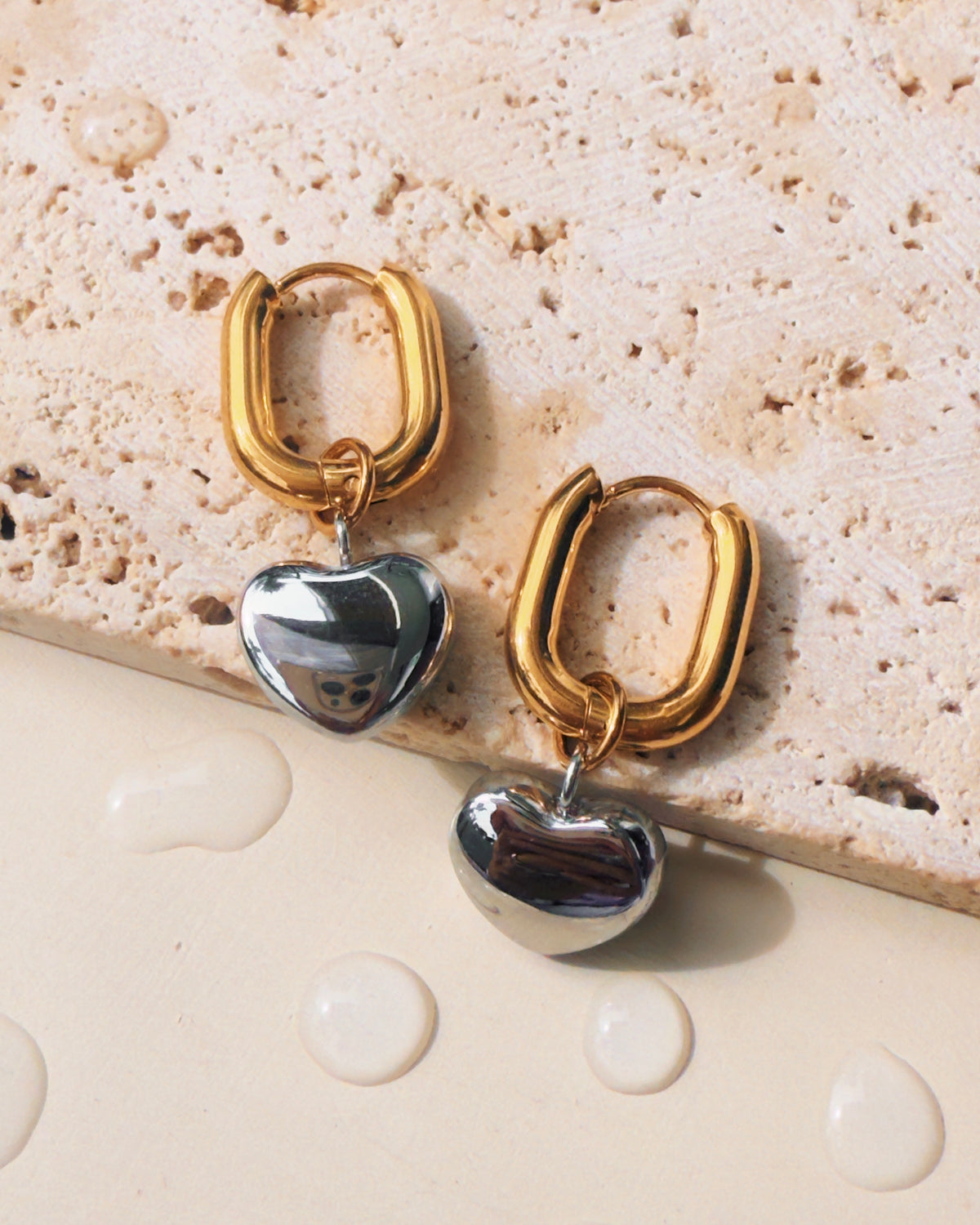 Norma (Two Tone) Oval Gold Hoops Silver Heart Shaped Drop Earrings