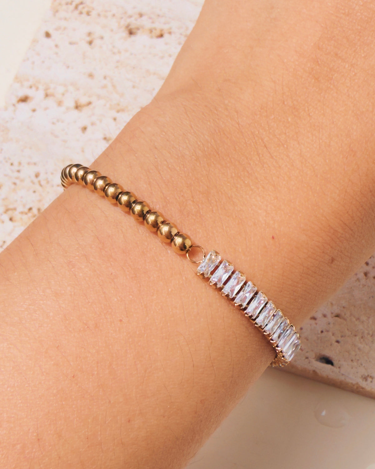 Mercy Dual Design Half Oval Zircon Bezel Set Tennis Chain Half Ball Beads Chain Design Gold Bracelet