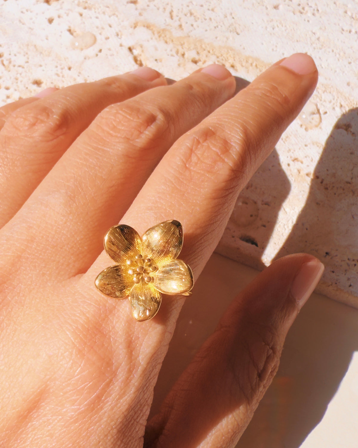 Priscilla Chunky Flower Shaped Carved Top Head Design Thin Band Open Ring