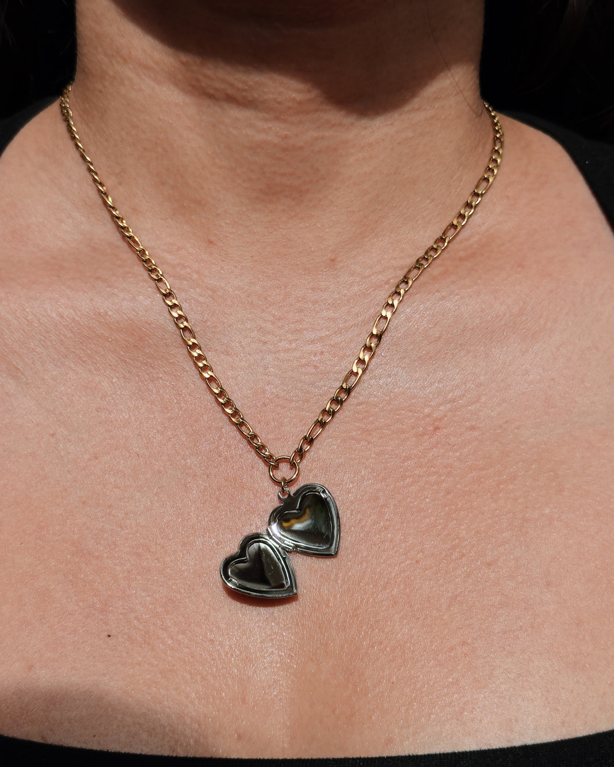 Ondine Two Tone Silver Heart Picture Case Pendant Figaro Chain Gold Necklace