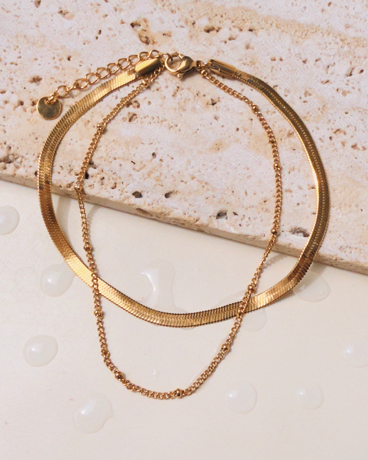 Montana Double Layer Flat Wide Snake Chain Thin Ball Beaded Curb Chain Design Gold Bracelet / Anklet