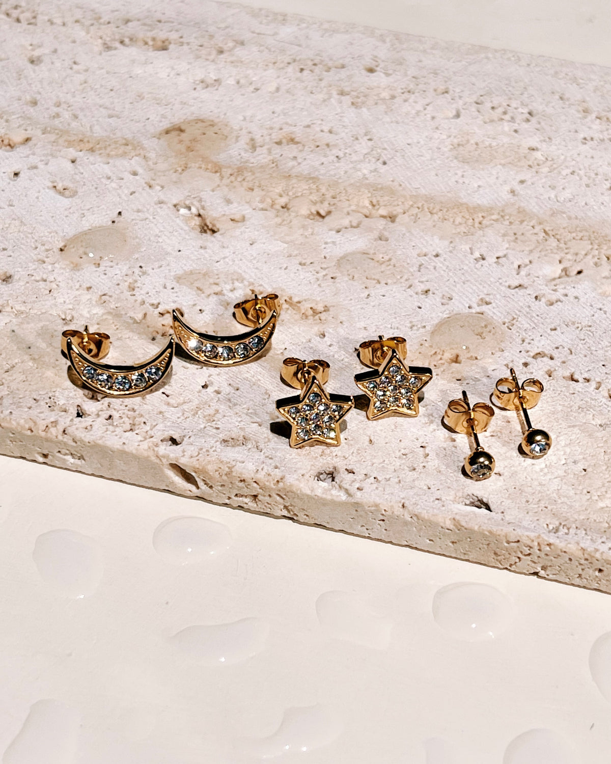 Grace (Bundle Set) 3 Pairs Dainty Minimalist Zircon Paved Star Moon Round Gold Studs