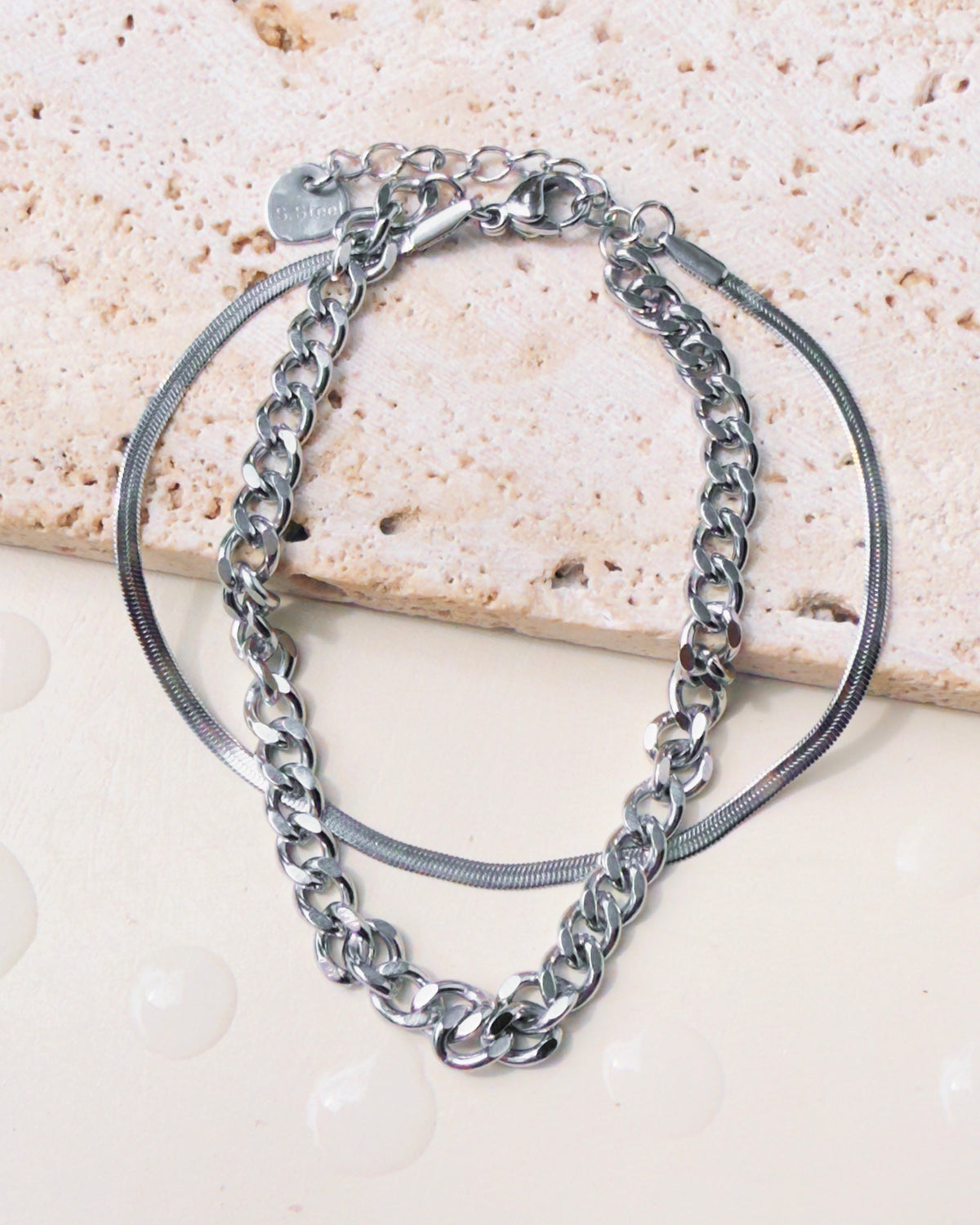 Bliss (Silver) Double Layer Flat Snake Chain Chunky Cuban Chain Bracelet