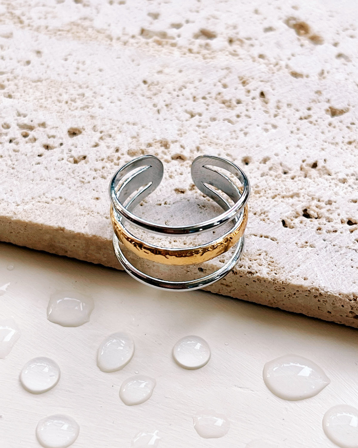 Ivanka (Two Tone) Three Layer Silver and Gold Textured Design Open Ring