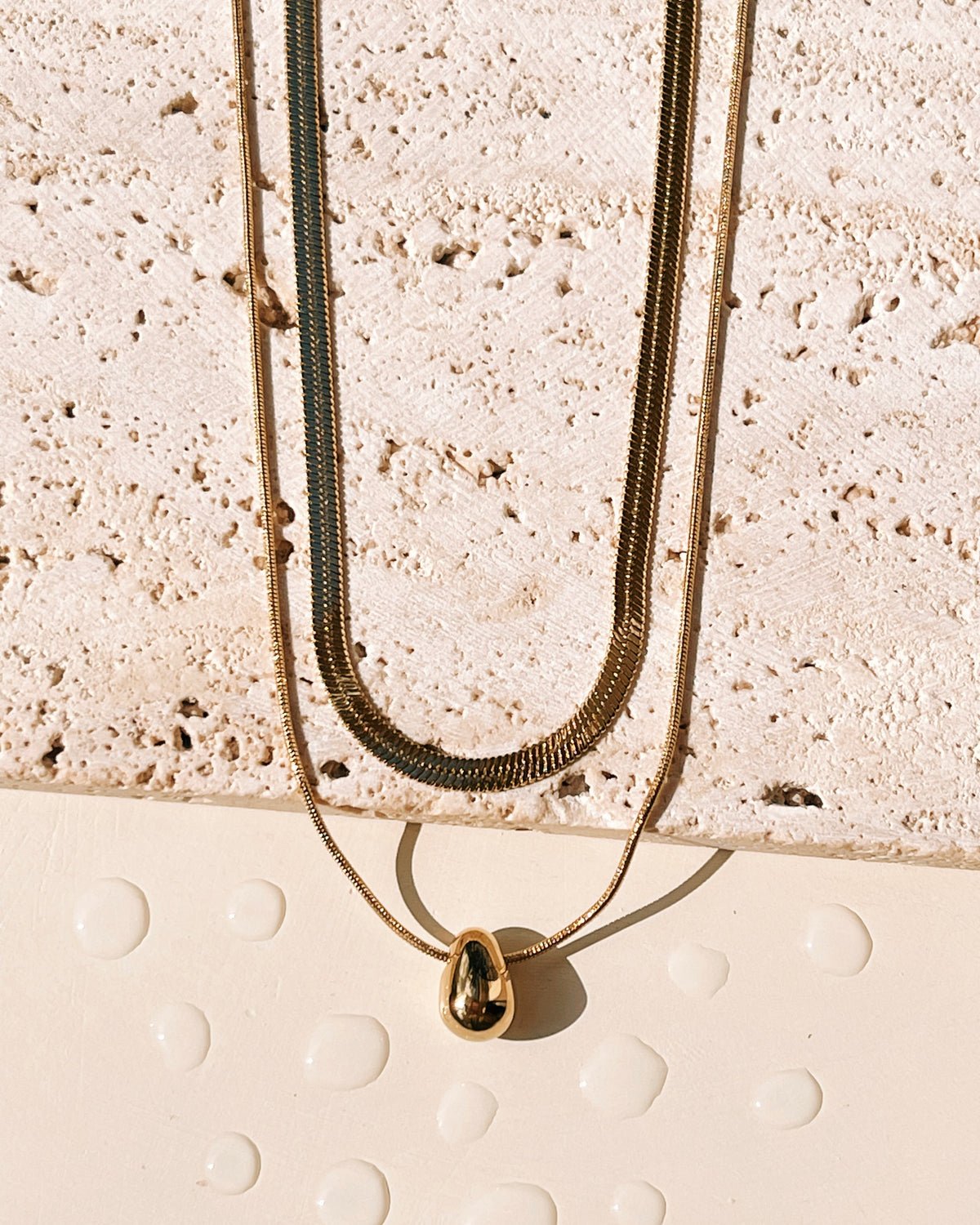 Colette Double Layer Wide Flat Snake Chain Thin Long Snake Chain Teardrop Waterdrop Pendant Gold Necklace