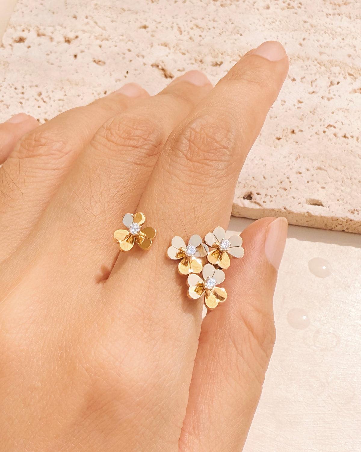 Holly Dual Top Head Multiple Solid Flower Shaped Zircon Center Pollen Design Layered Look Gold Open Ring