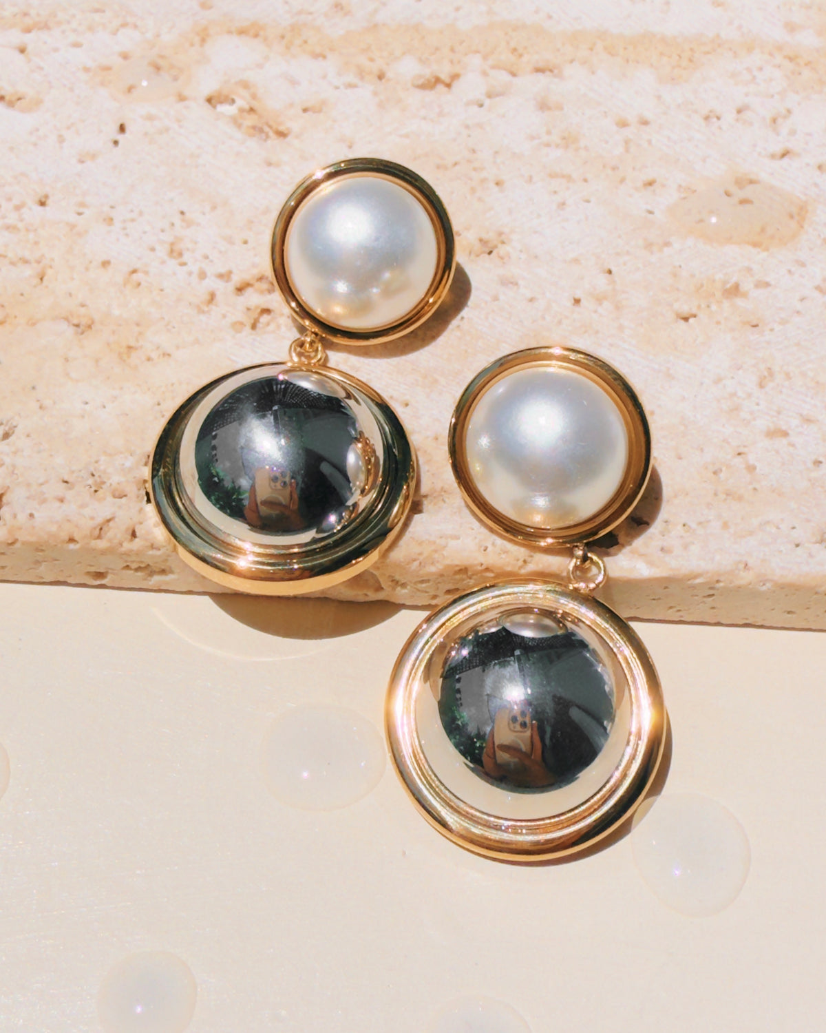Mae (Two Tone) Round Pearl Inlaid Set Stud Silver Round Dome Inlaid Set Drop Earrings