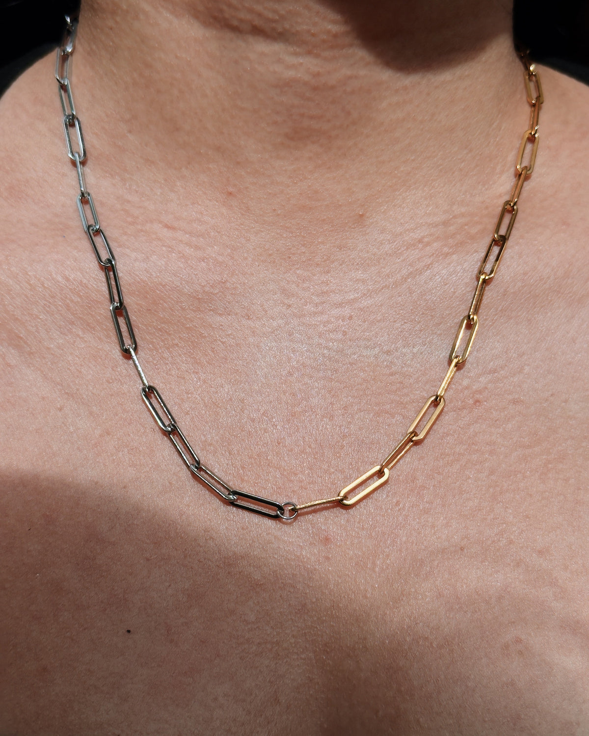 Galilea Two Tone Half Silver Half Gold Small Flat Wide Thick Paperclip Chain (Chain Only) Necklace