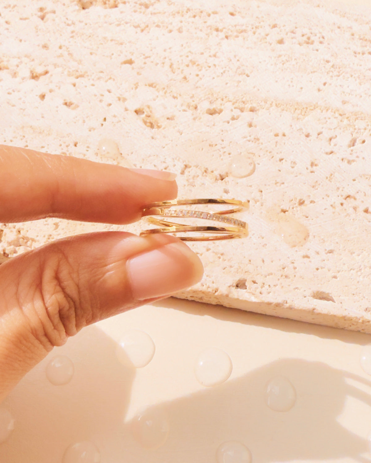 Leona Triple Layer Thin Bar Design Middle Zircon Paved Gold Ring