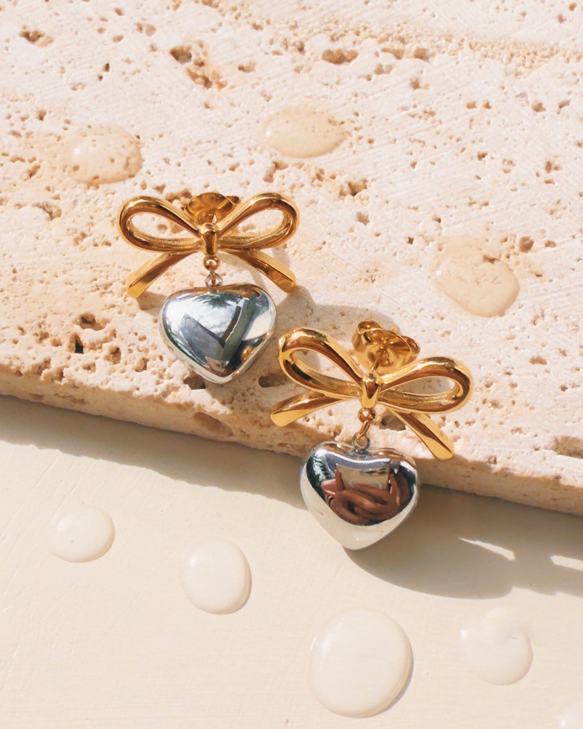 Miller (Two Tone) Bow Ribbon Shaped Gold Stud Solid Silver Heart Shaped Drop Earrings