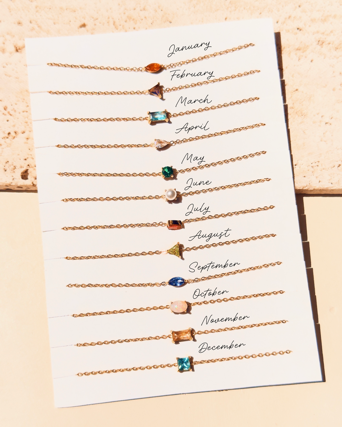 Octavia Birthstone Birth Month Color Zircon Pendant Thin Cable Link Chain Gold Bracelet