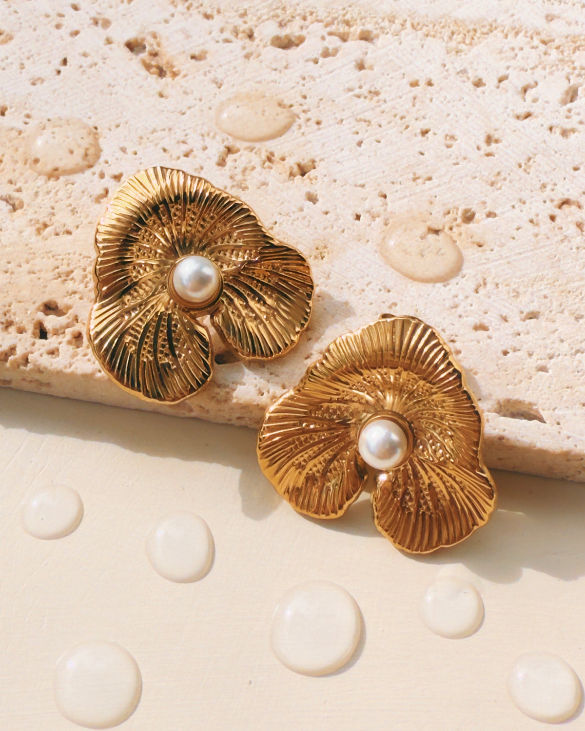 Maida Textured Tri Petal Carved Flower Pearl Pollen Design Gold Stud Earrings