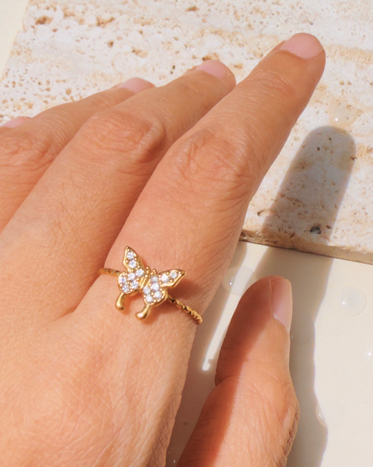 Milani (Bundle Set) 3 Rings Solid Flower Shaped Zircon Paved Butterfly Shaped Round Zircon Inlaid Set Top Head Dainty Minimalist Design Thin Open Gold Ring