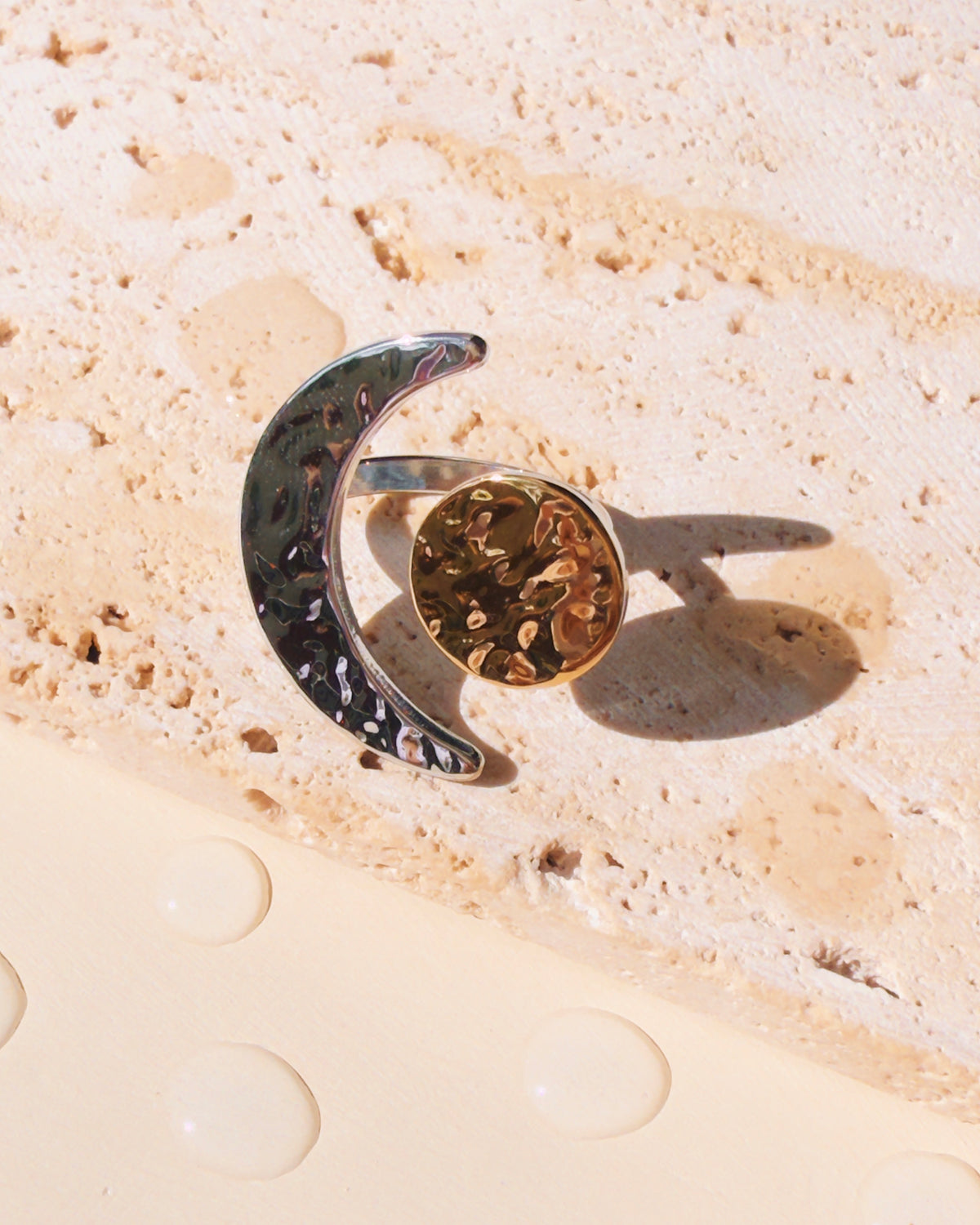 Portia Two Tone Dual Top Head Hammered Design Silver Moon Gold Star Open Ring