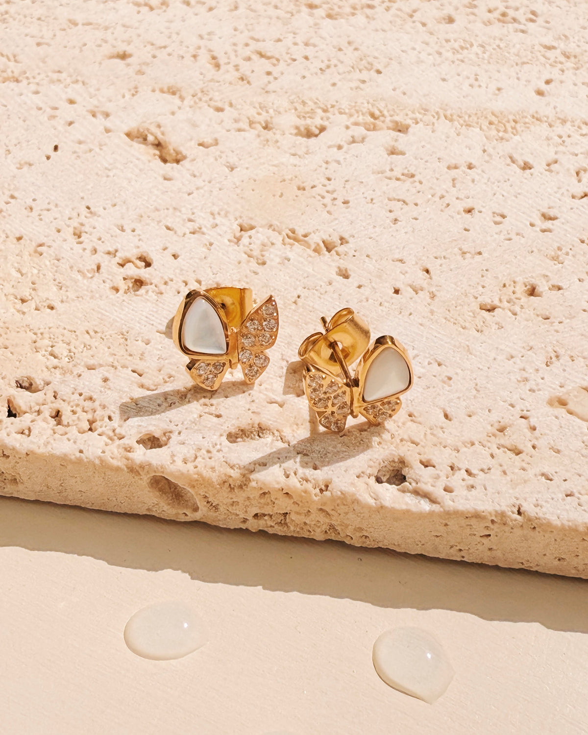 Jamie Butterly Shaped Zircon Paved Shell Stone Inlaid Wings Gold Stud Earrings