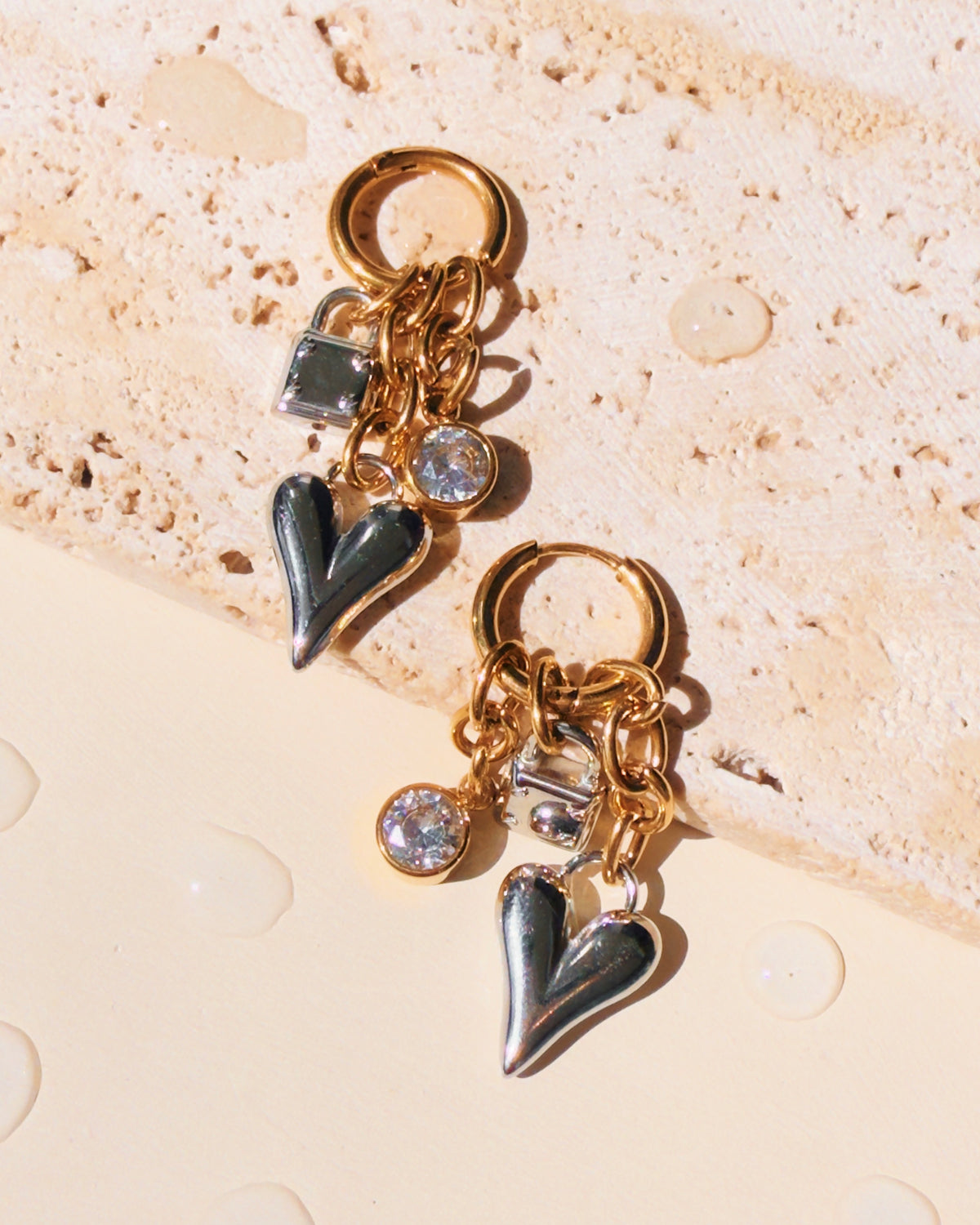 Pinkie Gold Huggies Chain Silver Lock Heart Shell Round Zircon Bezel Set Dangles Design Drop Earrings