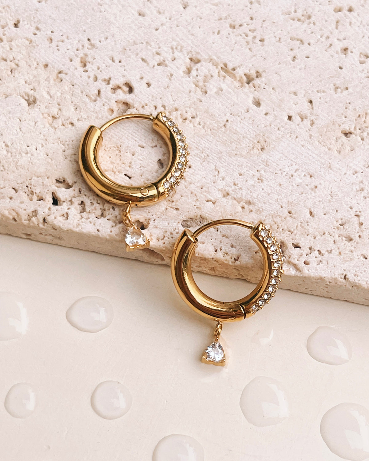 Adara Zircon Paved Huggie Crowned Teardrop Waterdrop Shaped Zircon Dangle Gold Drop Earrings